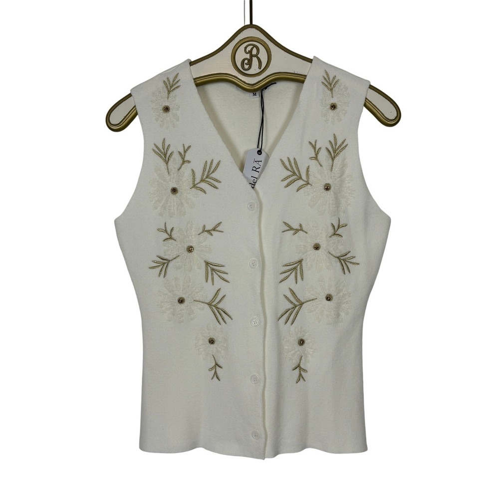 Floral Vest Women Cream Gold Button Coquette Embroidered Knit Feminine Medium
